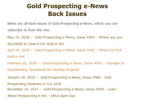 Gold Prospecting WA Newsletter Back Issues page
